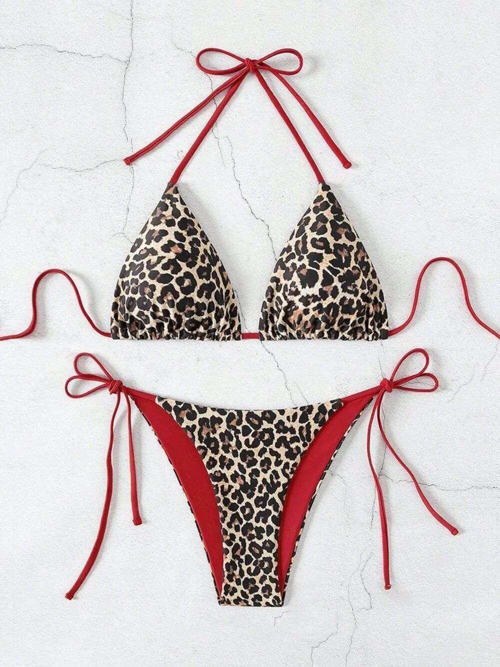 Multicolor Leopard Print Women's Spaghetti Strap Backless Side Tie Bikini